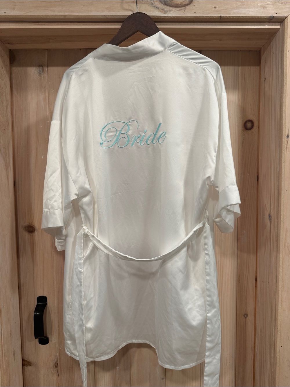 Satin Bride Robe in Ivory with Tiffany Blue Embroidery